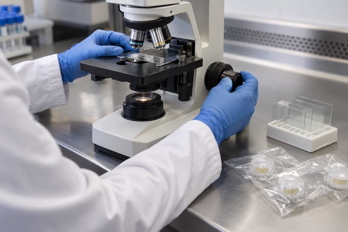 A lab analyst adjusts a microscope to examine a slide, with sealed air sample cassettes and glass slides on the bench