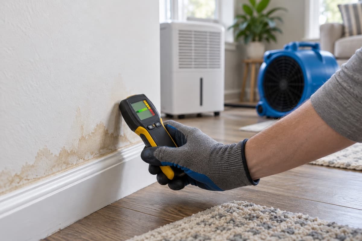 A moisture meter checking water-stained drywall while drying equipment runs nearby