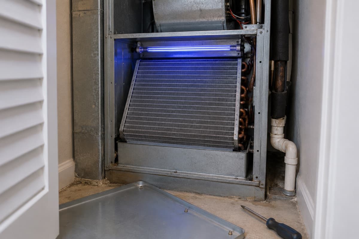 A UV-C lamp glows above the cooling coil inside an open residential HVAC air handler
