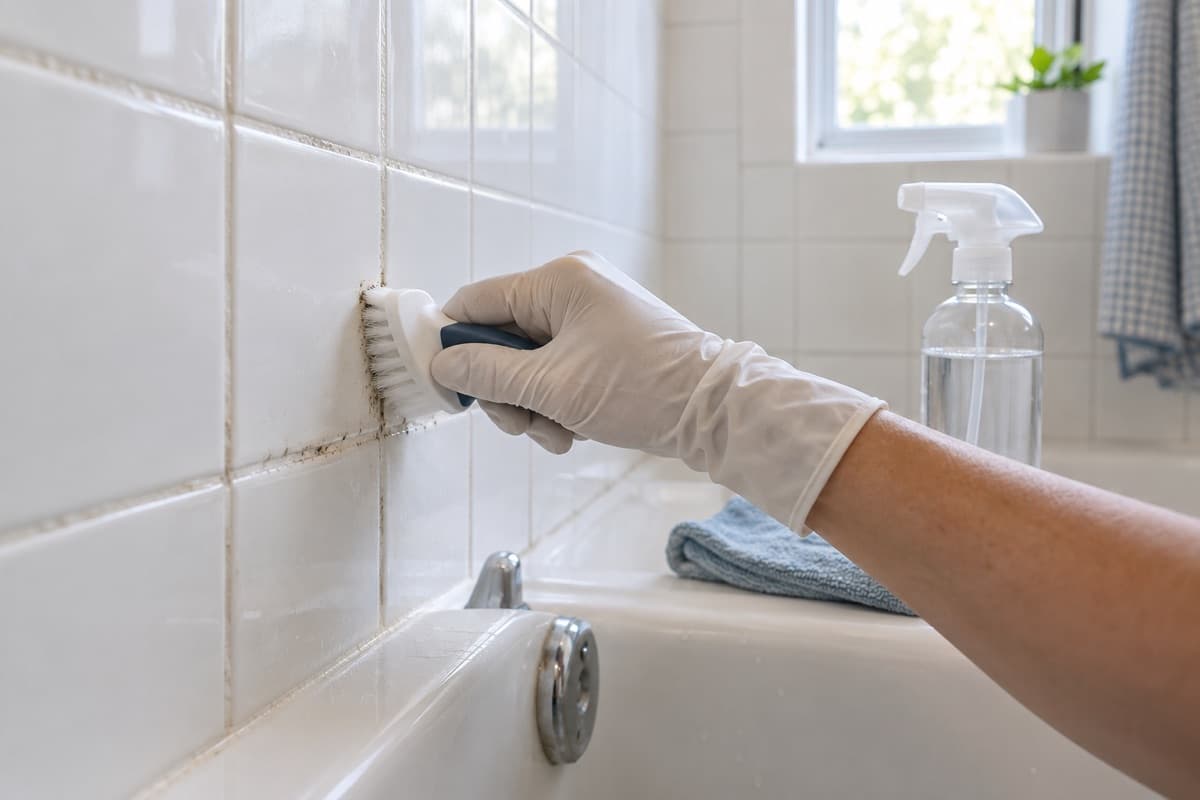 A gloved hand scrubs dark mildew from white shower tile grout, with a spray bottle and towel on the tub ledge