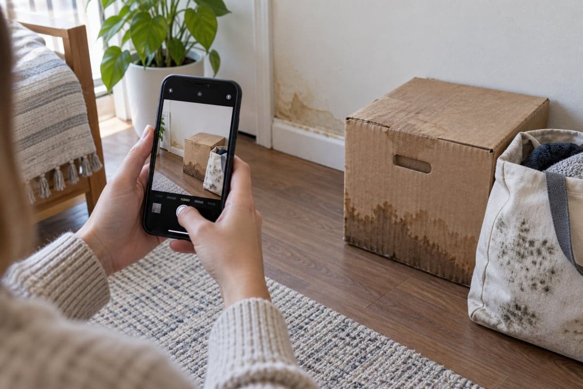 A renter photographs a water-damaged box and mold-spotted fabric bag near an apartment wall