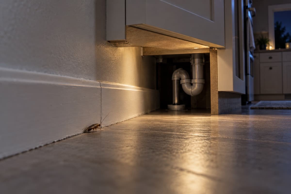 A cockroach moving along a kitchen baseboard toward the protected space beneath a sink cabinet