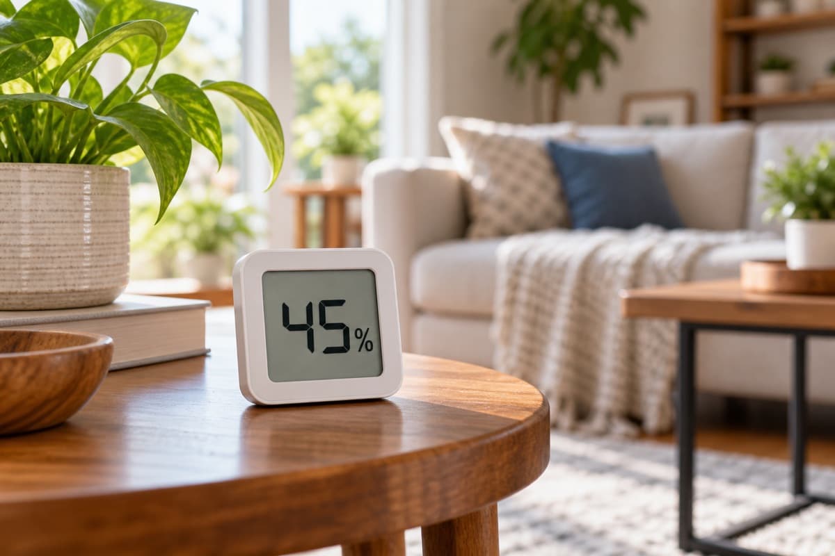 A digital hygrometer showing 45 percent relative humidity in a bright living room