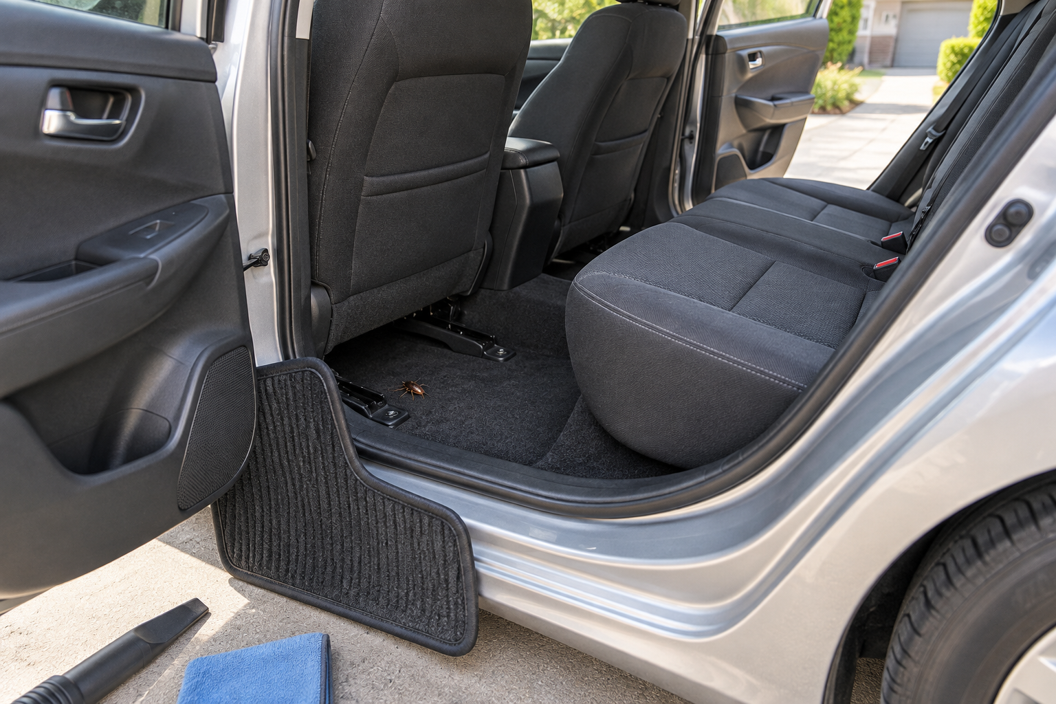 A cockroach in a car's exposed rear footwell during cleaning and treatment preparation
