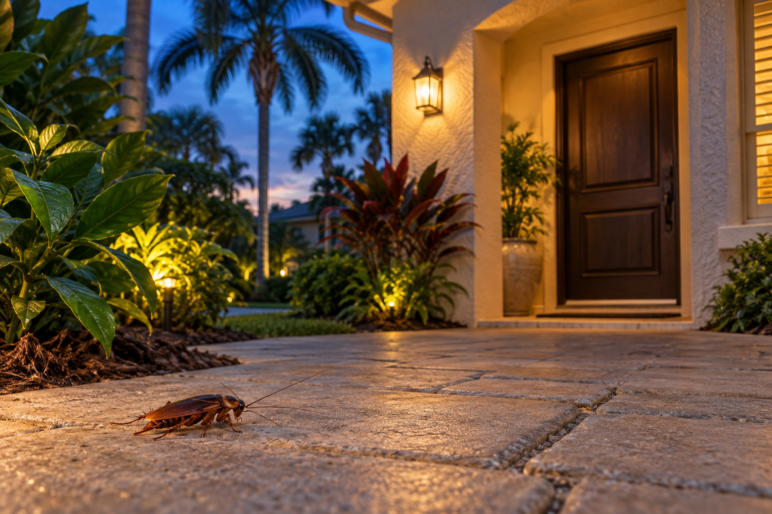 A cockroach on a Florida home's paved entryway at dusk, with palms and a porch light in the background