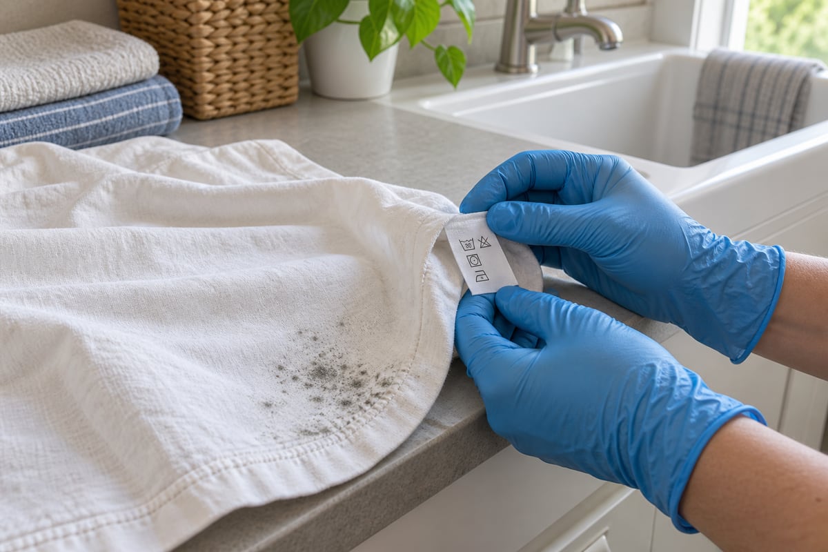 Gloved hands inspect the care label of a pale shirt with mold spots near its hem beside a laundry sink